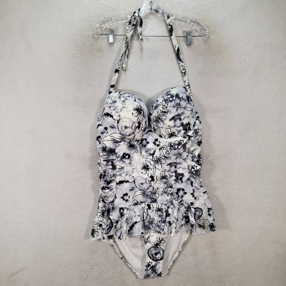 Marilyn Monroe Gray Floral Halter Ruffled Skirt Plus Size One Piece Swimsuit